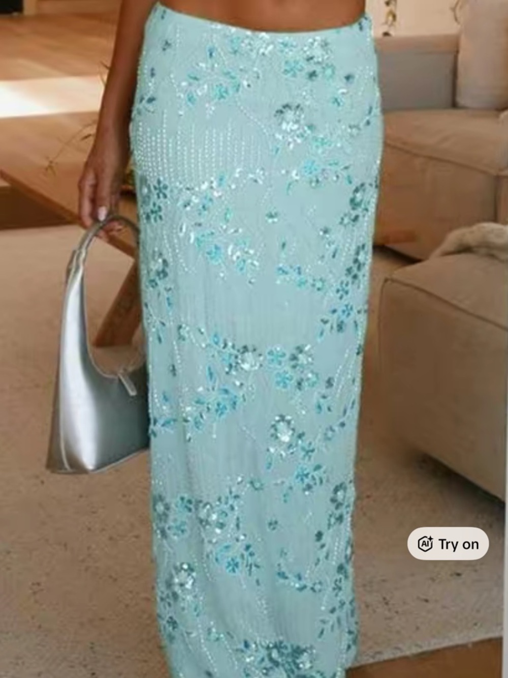 Elegant Beaded Blue Floral Strapless Dress